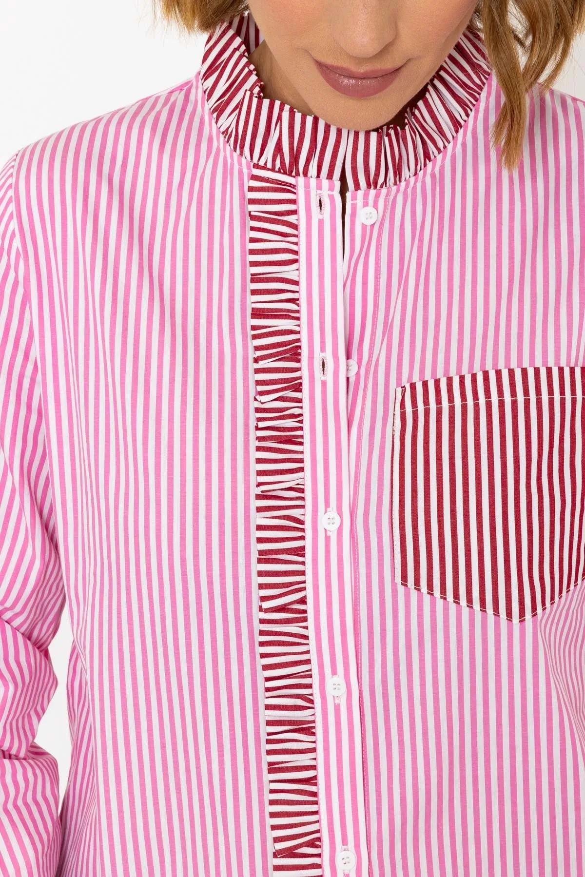 Cotton Ruffle Placket Shirt in Pink