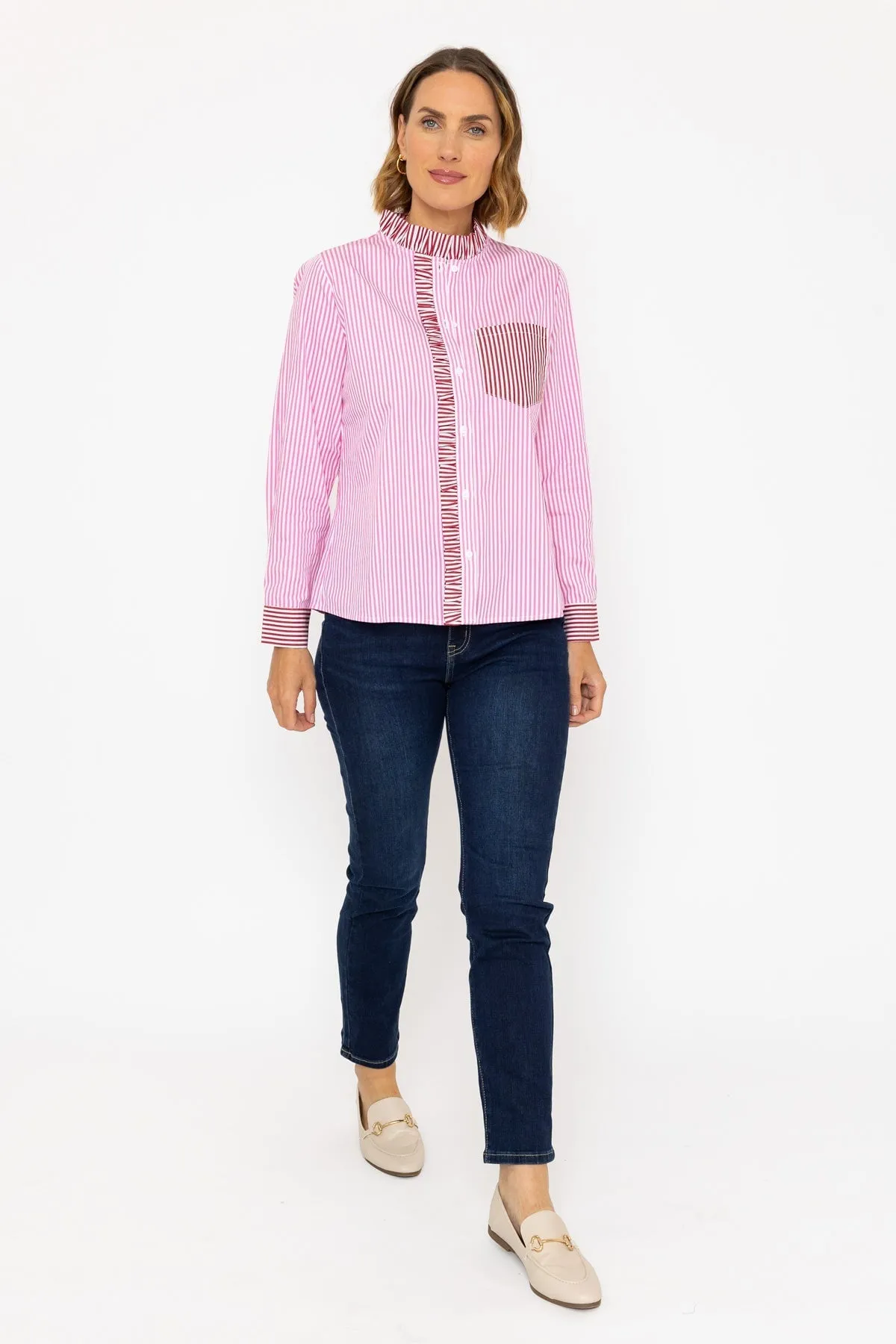 Cotton Ruffle Placket Shirt in Pink