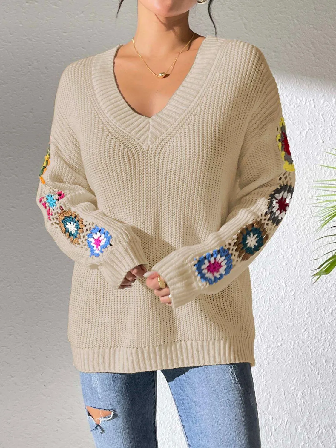 Crochet Flower V-Neck Sweater