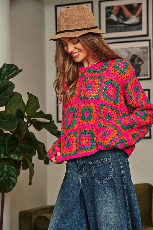 Crochet Patchwork Round Neck Pullover Sweater Top