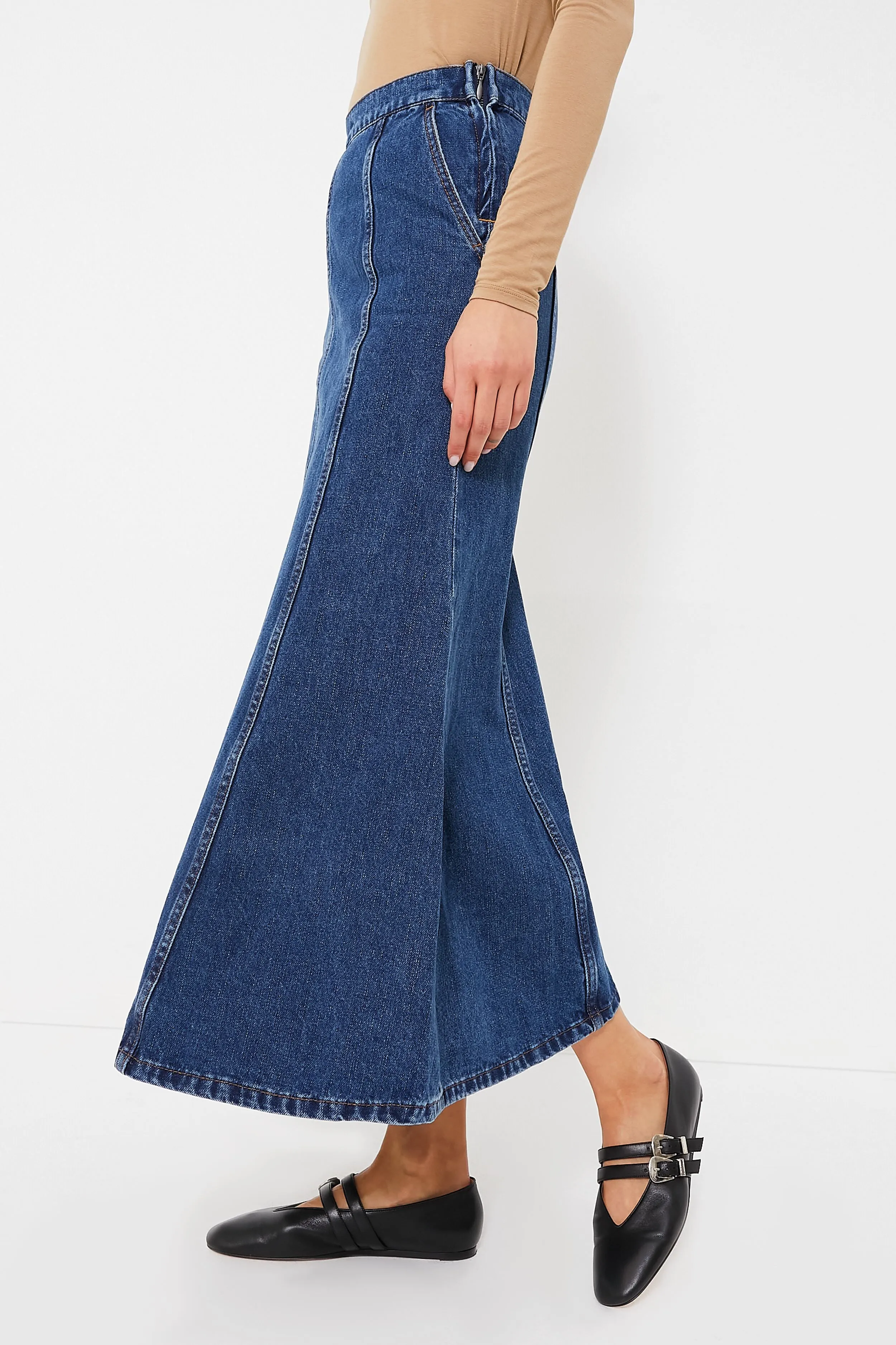 Dark Wash Denim Midi Skirt