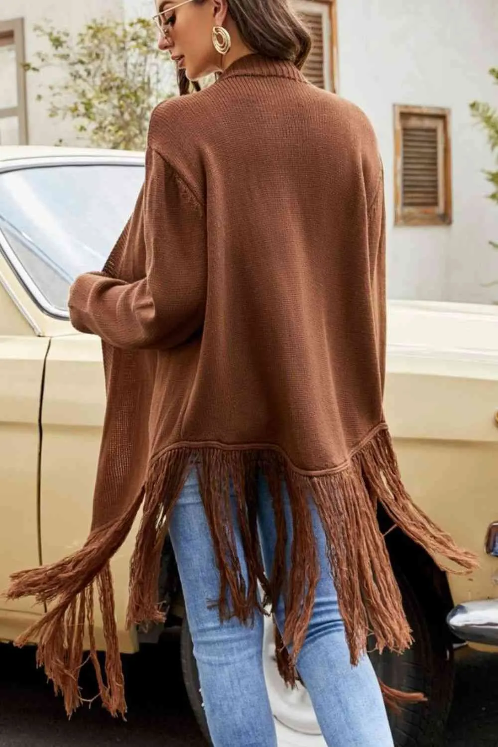 Double Take Fringe Hem Open Front Ribbed Trim Cardigan