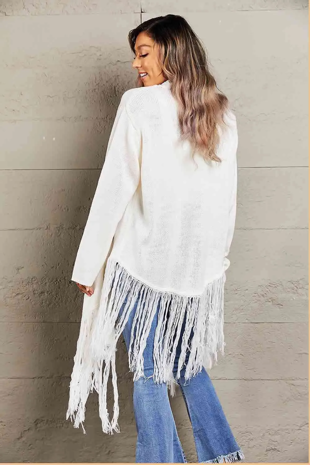 Double Take Fringe Hem Open Front Ribbed Trim Cardigan