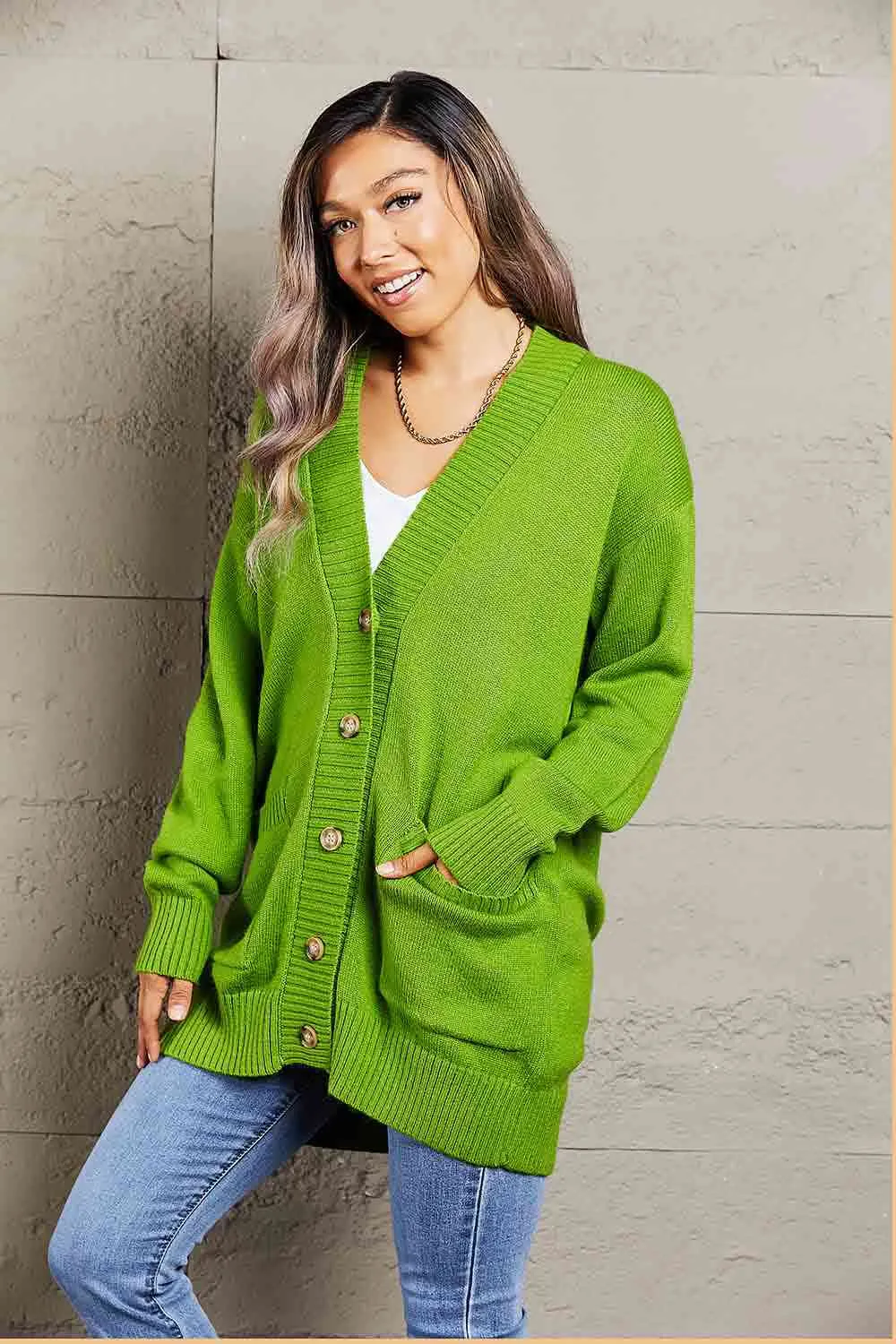 Double Take Ribbed Trim Dropped Shoulder Pocketed Cardigan