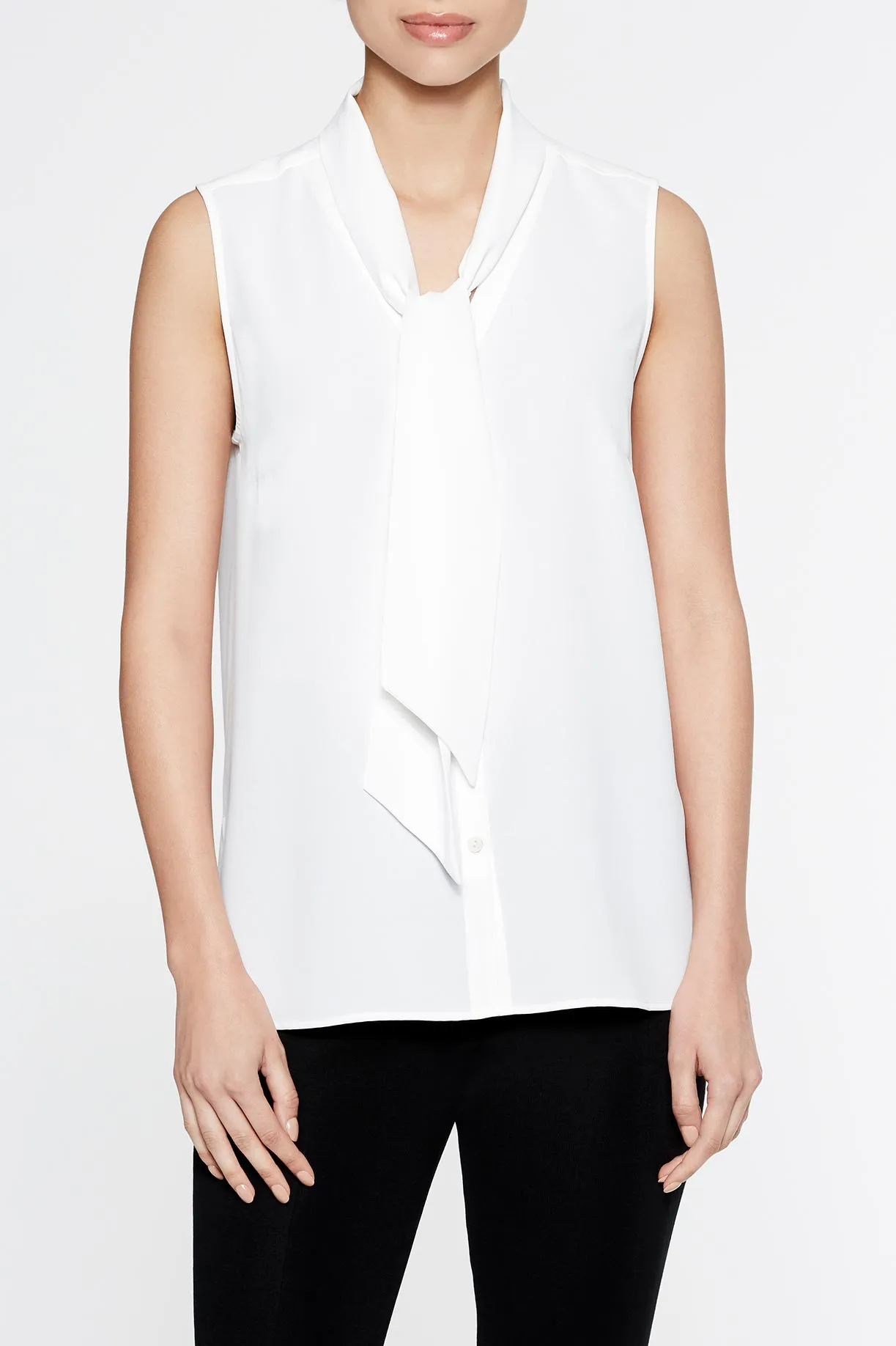 Drape Tie-Neck Crepe de Chine Blouse, White