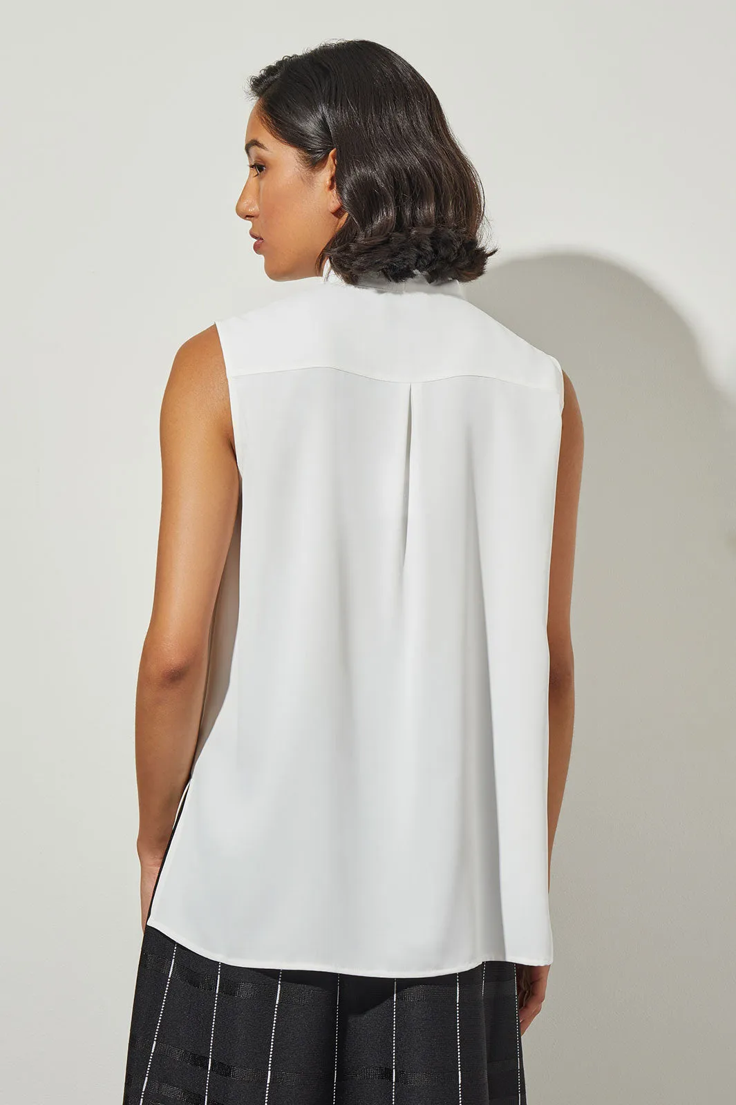 Drape Tie-Neck Crepe de Chine Blouse, White