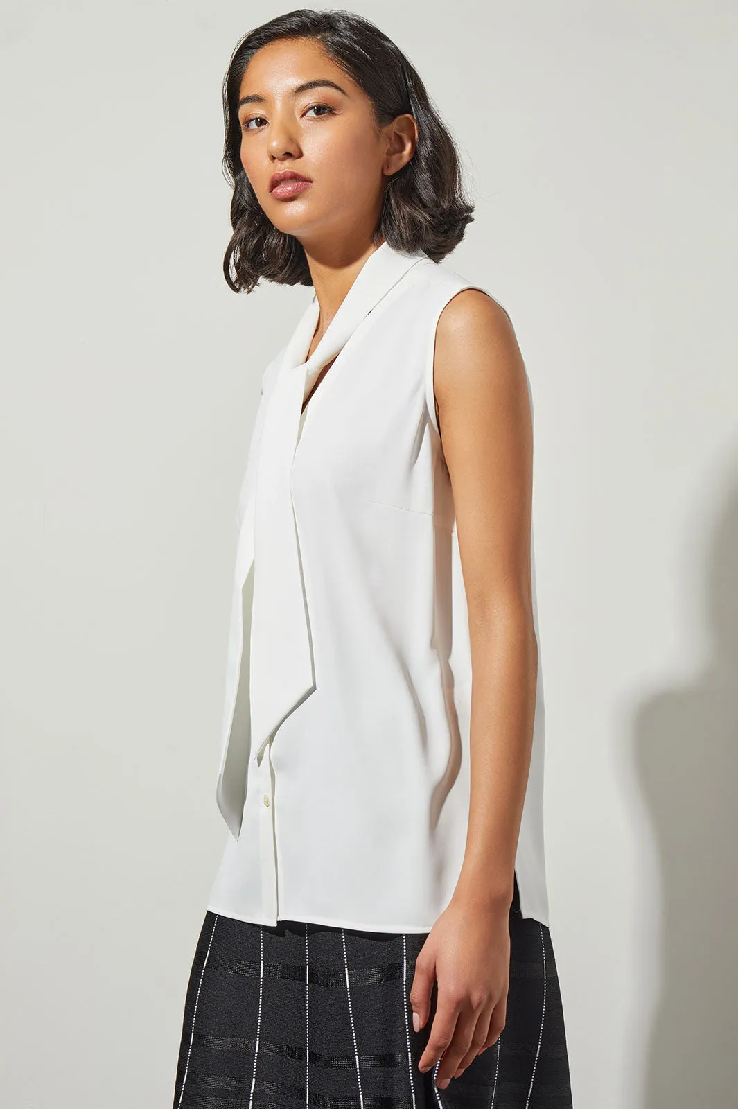 Drape Tie-Neck Crepe de Chine Blouse, White