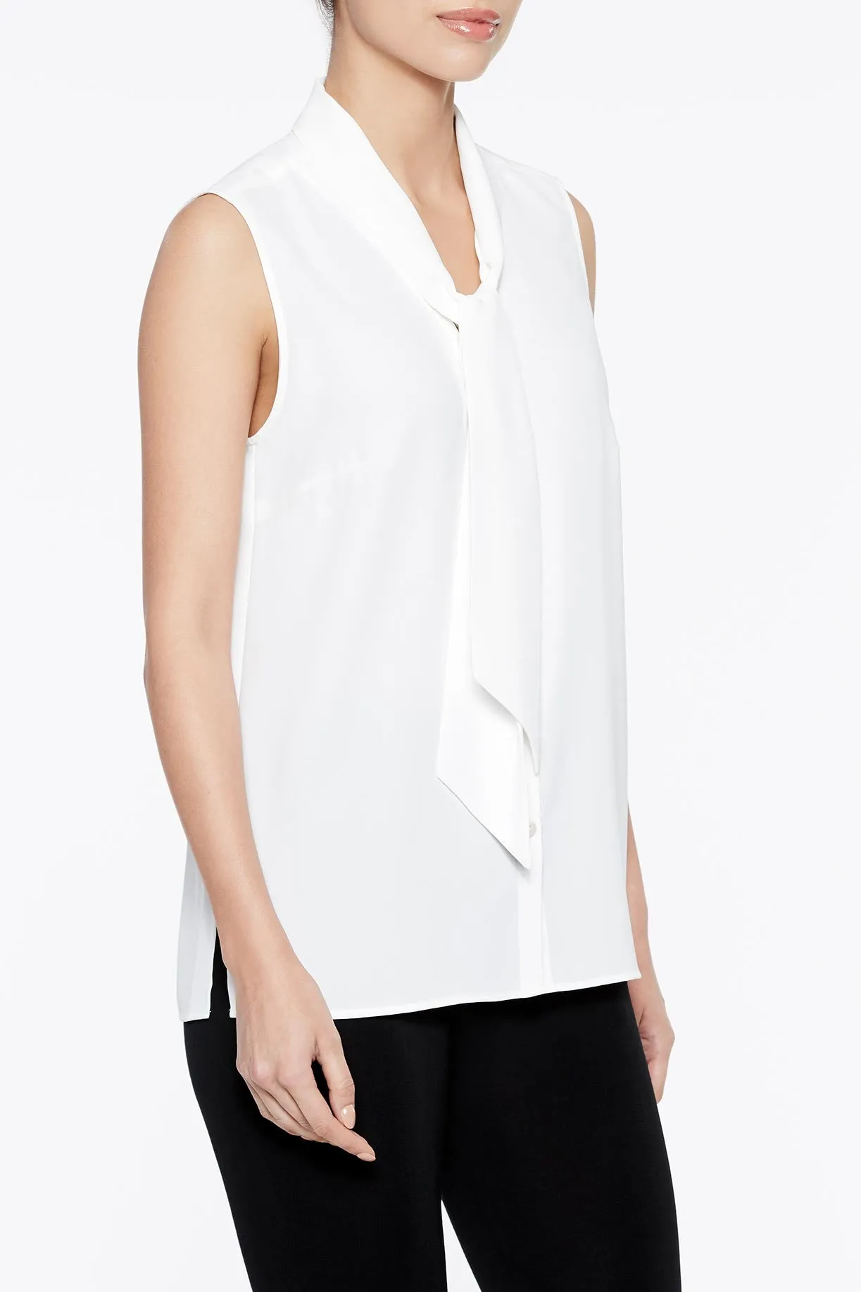 Drape Tie-Neck Crepe de Chine Blouse, White