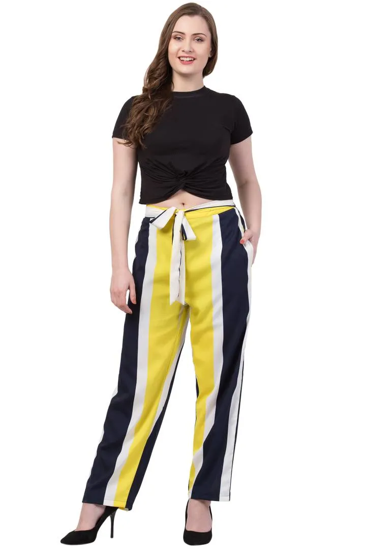 Elegant Yellow Striped Crepe Trousers For Women