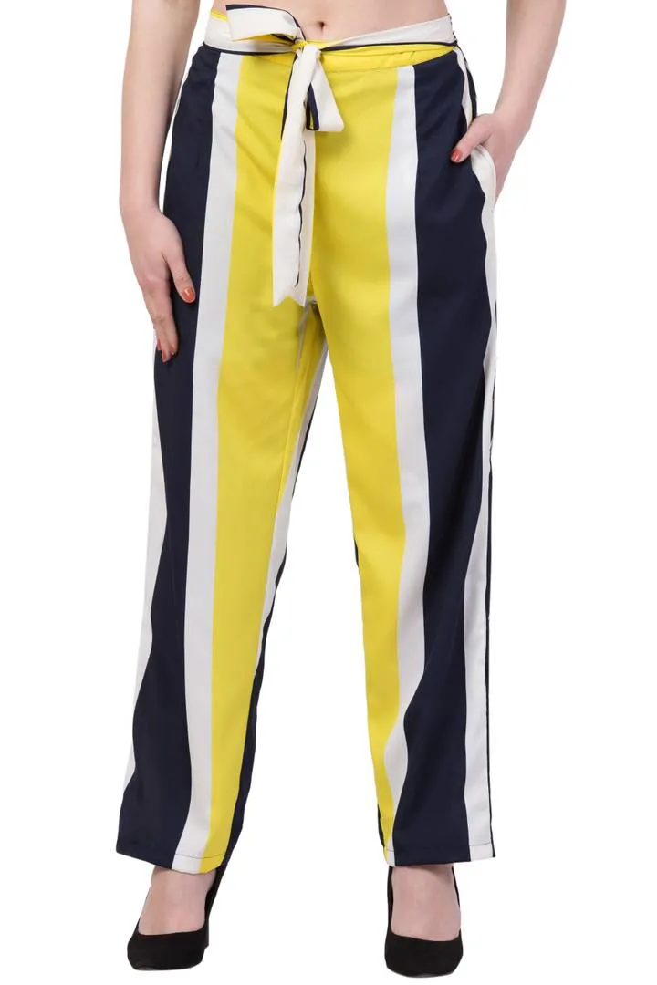 Elegant Yellow Striped Crepe Trousers For Women