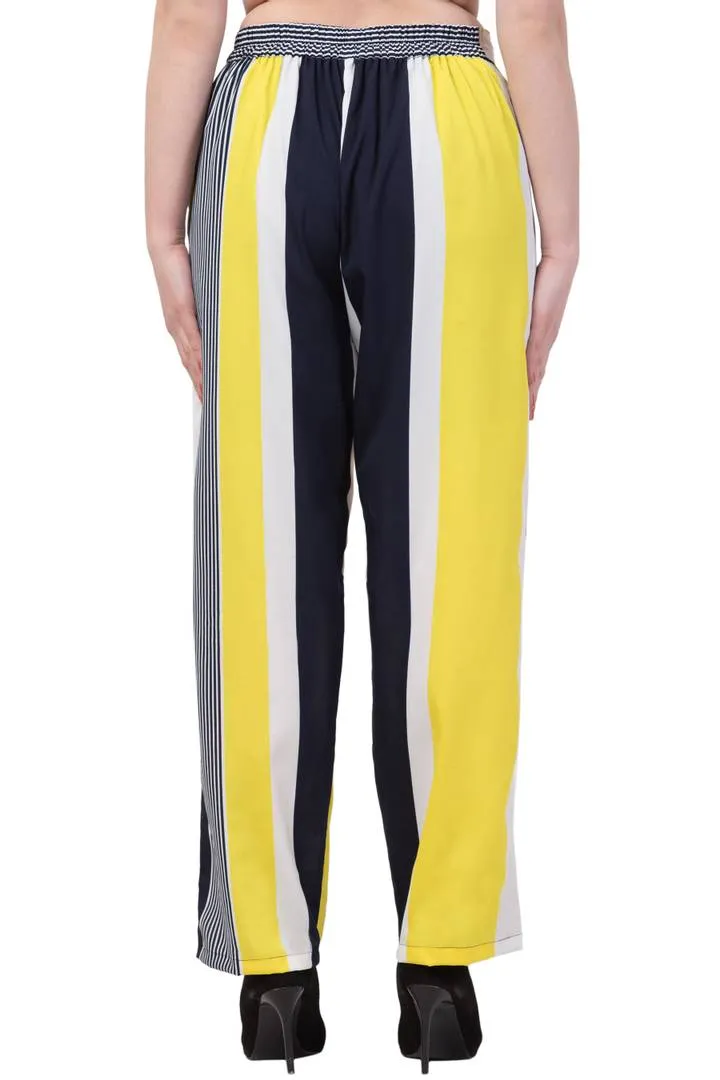 Elegant Yellow Striped Crepe Trousers For Women