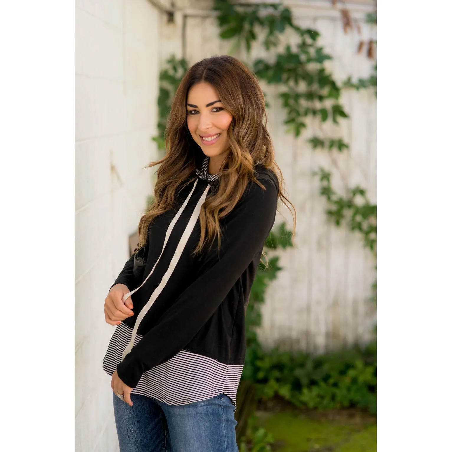 Faux Layered Stripe Lined Hoodie