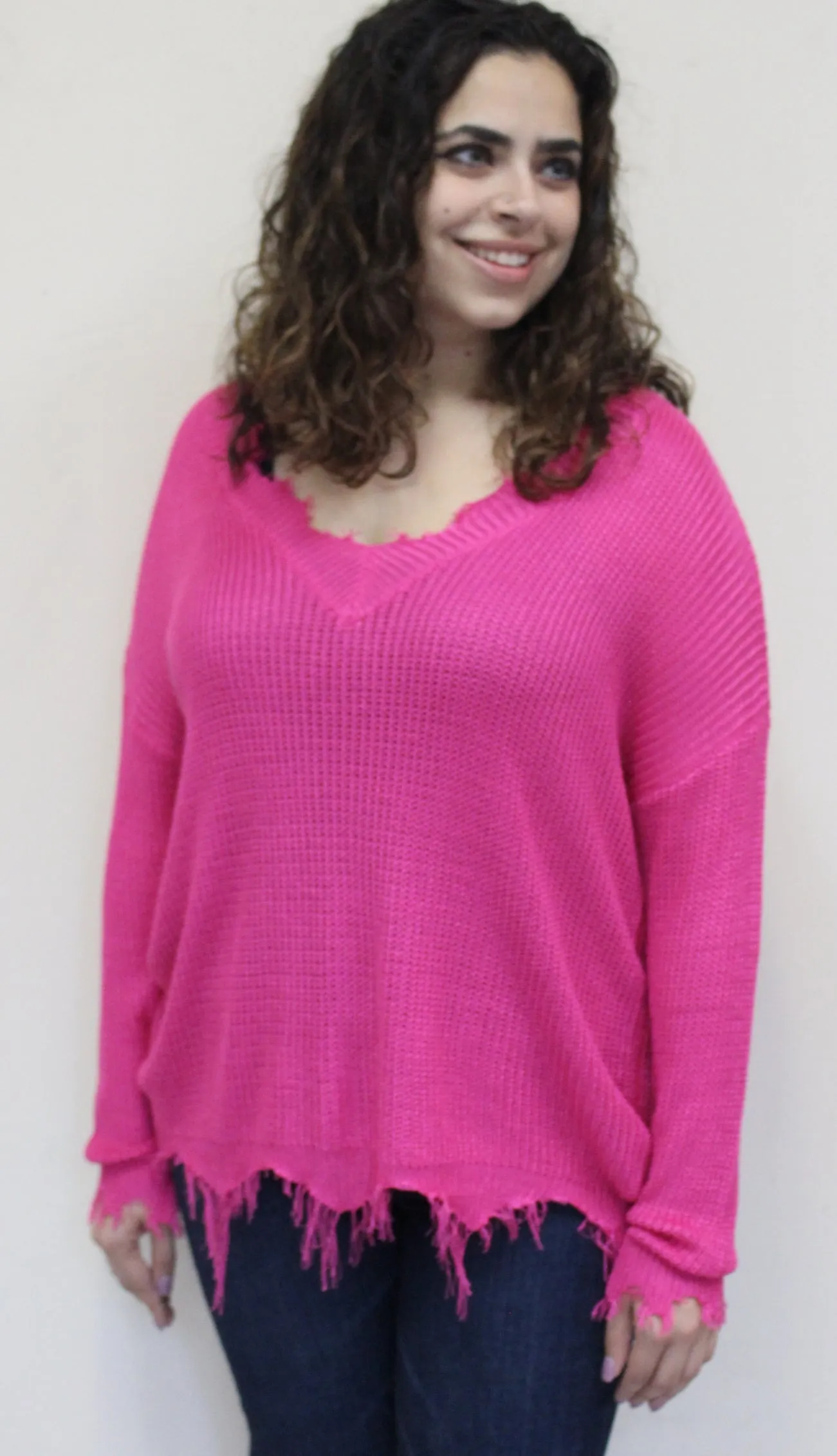 Frayed Light Weight Sweater, Neon Fuchsia