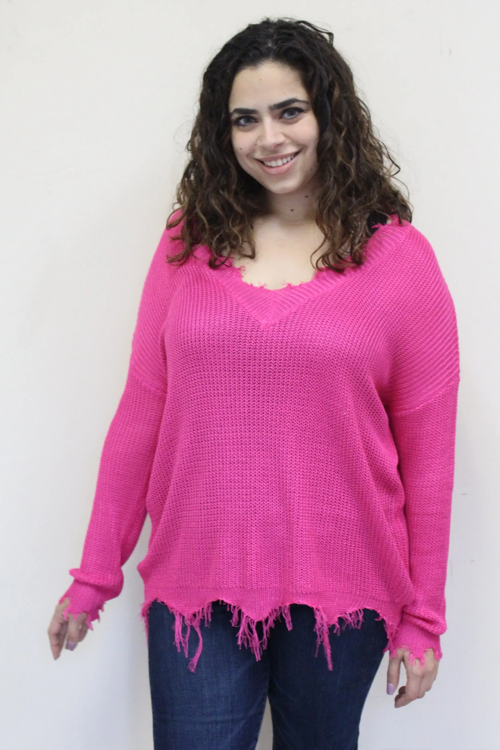 Frayed Light Weight Sweater, Neon Fuchsia