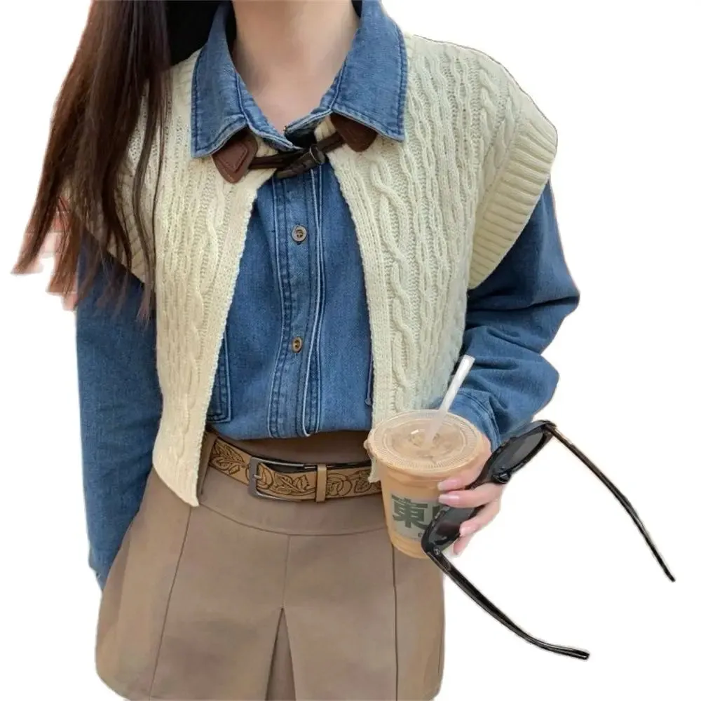 Girlary High Street Vintage Denim Shirts With Knitted Cardigans Vest Spring 2024 Loose Chic New Slim Casual Daily Office Lady