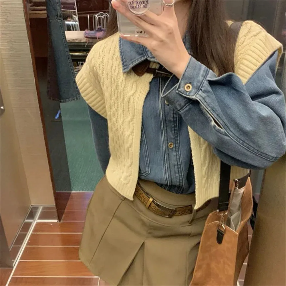 Girlary High Street Vintage Denim Shirts With Knitted Cardigans Vest Spring 2024 Loose Chic New Slim Casual Daily Office Lady