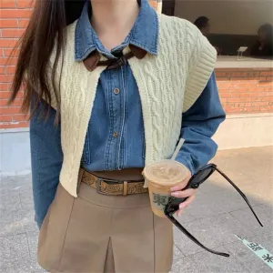 Girlary High Street Vintage Denim Shirts With Knitted Cardigans Vest Spring 2024 Loose Chic New Slim Casual Daily Office Lady