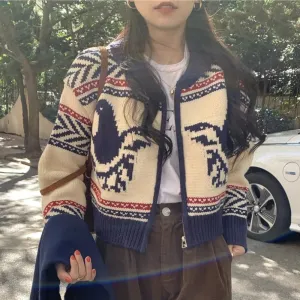 Girlary Retro Graphic Print Knitted Short Cardigan Korean Chic Zipper Cropped Coat Women Y2k Casual Long Sleeve Cardigans Mujer