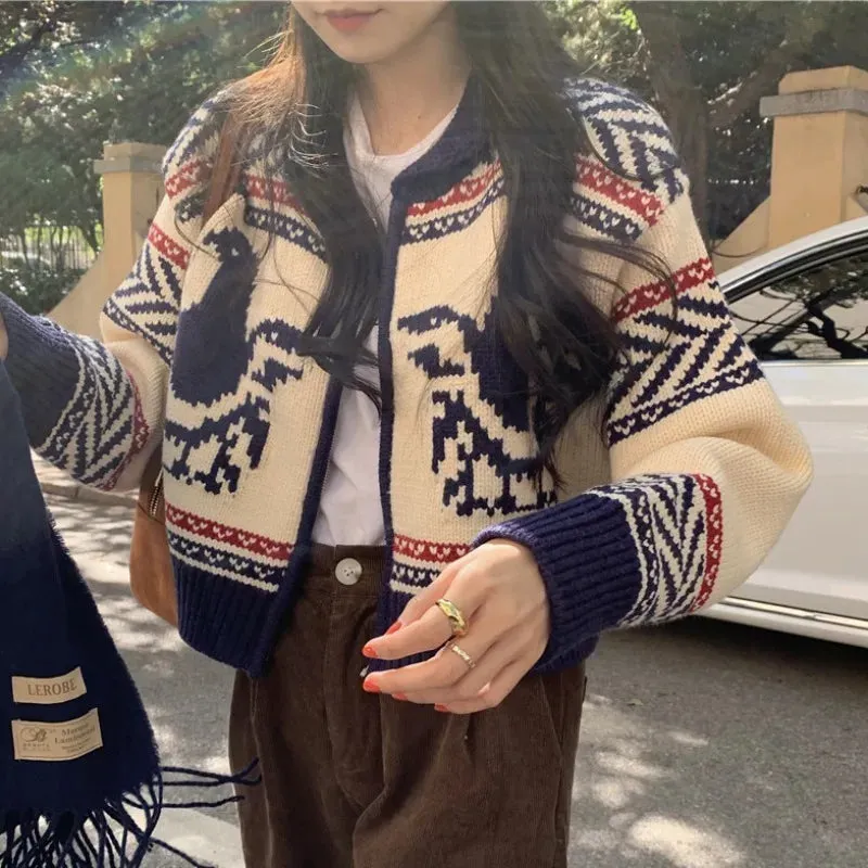 Girlary Retro Graphic Print Knitted Short Cardigan Korean Chic Zipper Cropped Coat Women Y2k Casual Long Sleeve Cardigans Mujer