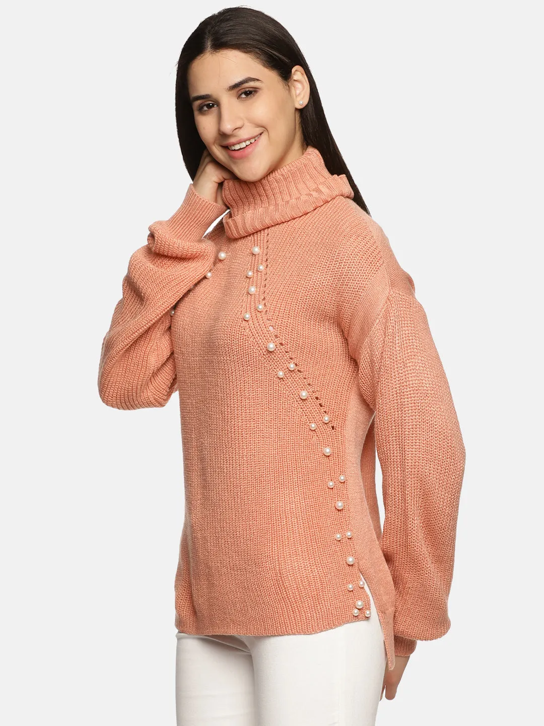 IS.U Peach Pearl High Neck Oversized Knitted Sweater