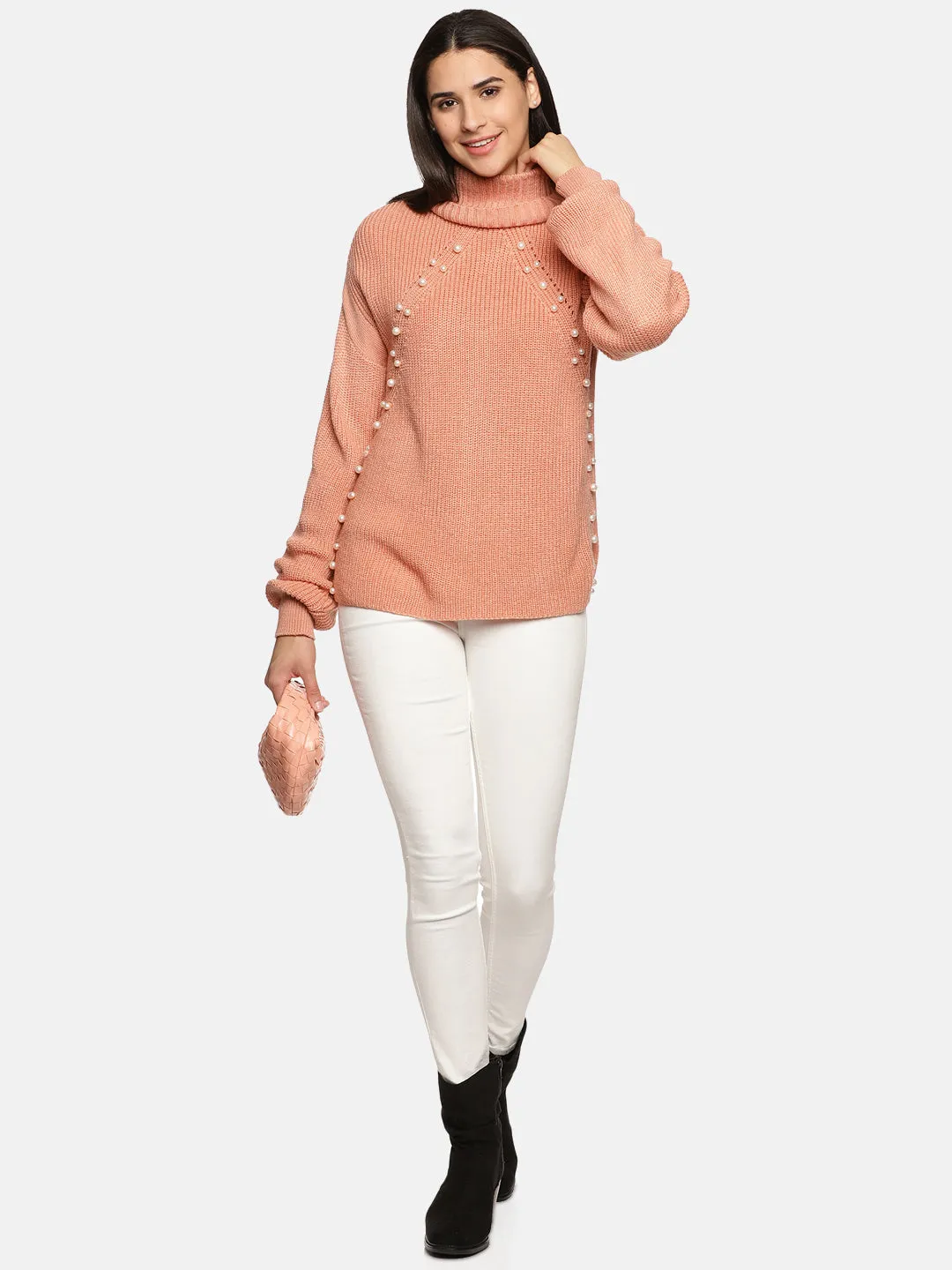 IS.U Peach Pearl High Neck Oversized Knitted Sweater