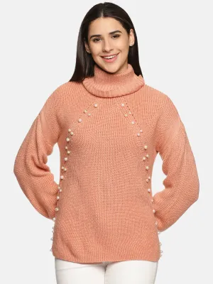 IS.U Peach Pearl High Neck Oversized Knitted Sweater