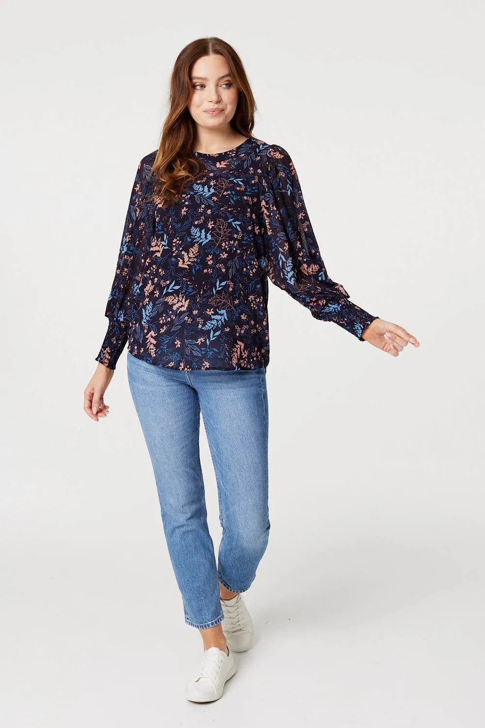 Leaf Print Semi Sheer Blouse