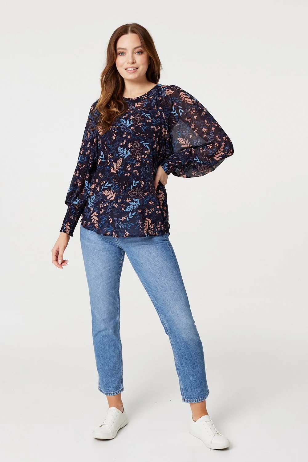 Leaf Print Semi Sheer Blouse