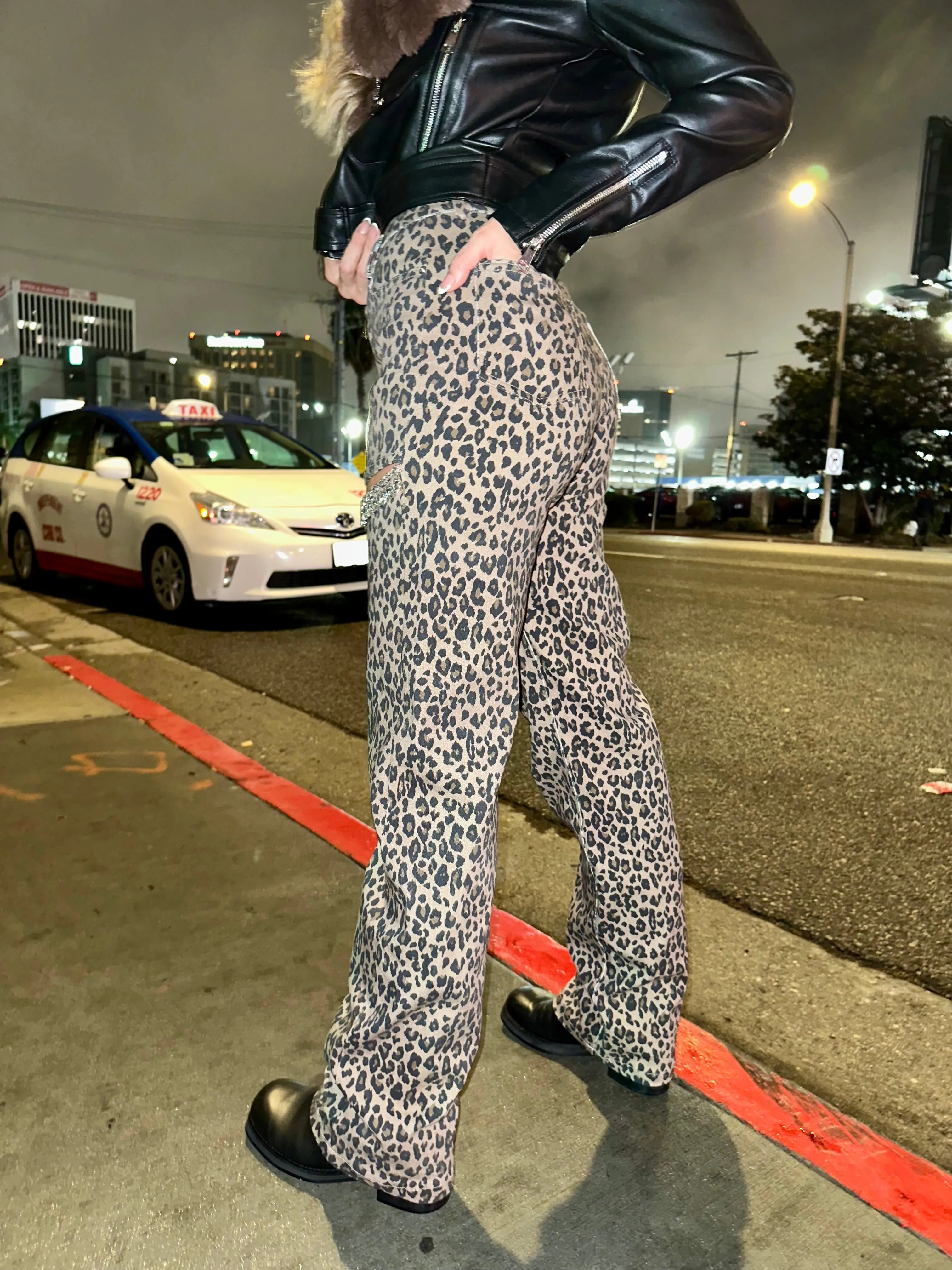 Leopard Cut Out Rhinestone Cargo Pants