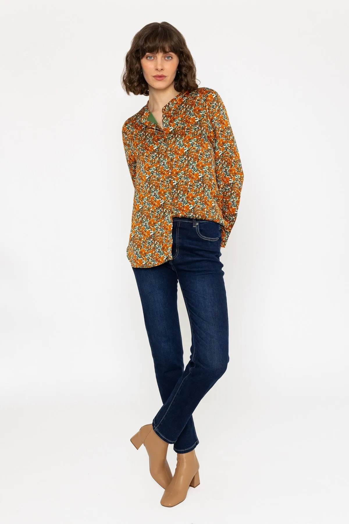 Long Sleeve Orange & Green Floral Mandarin Collar Blouse