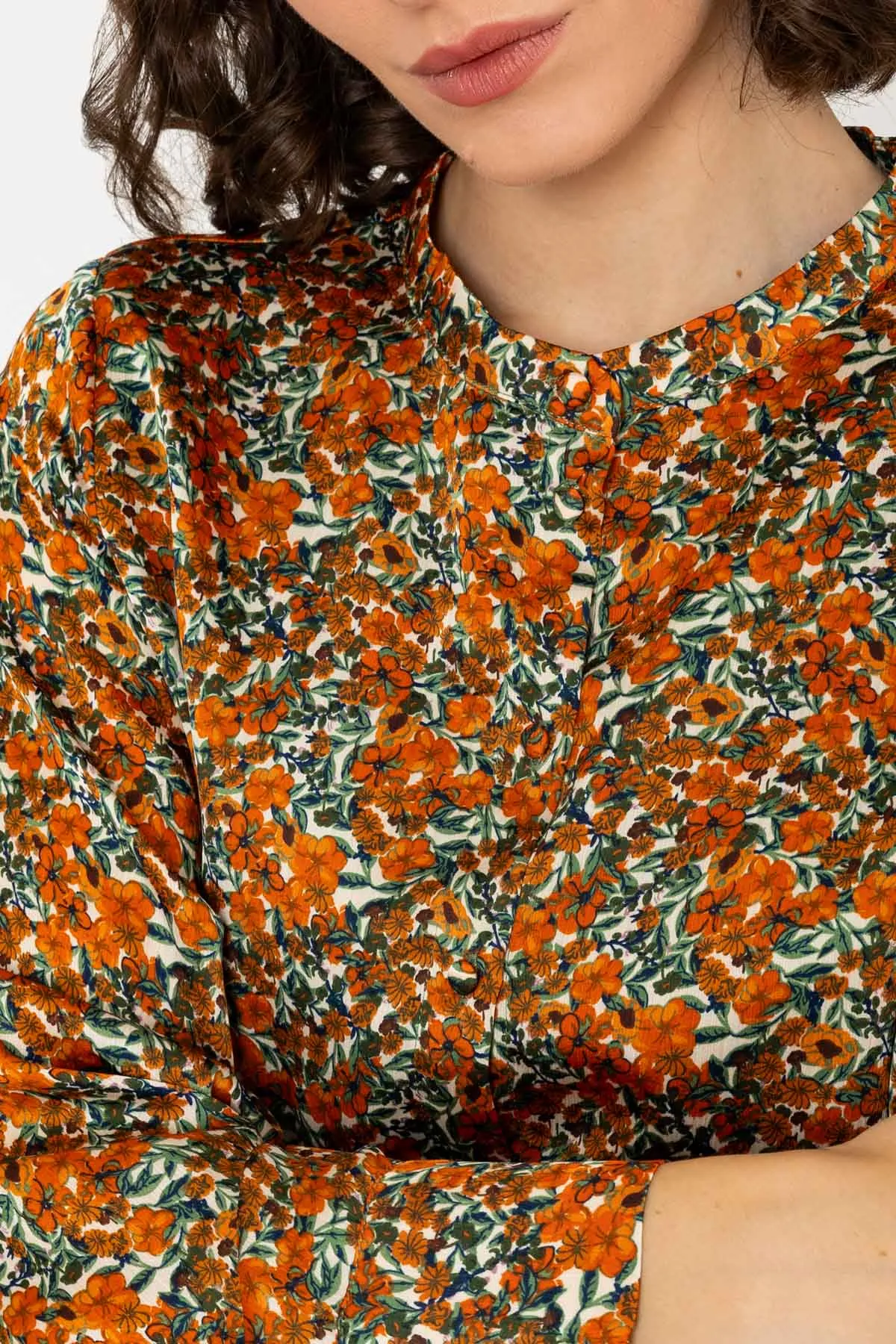 Long Sleeve Orange & Green Floral Mandarin Collar Blouse