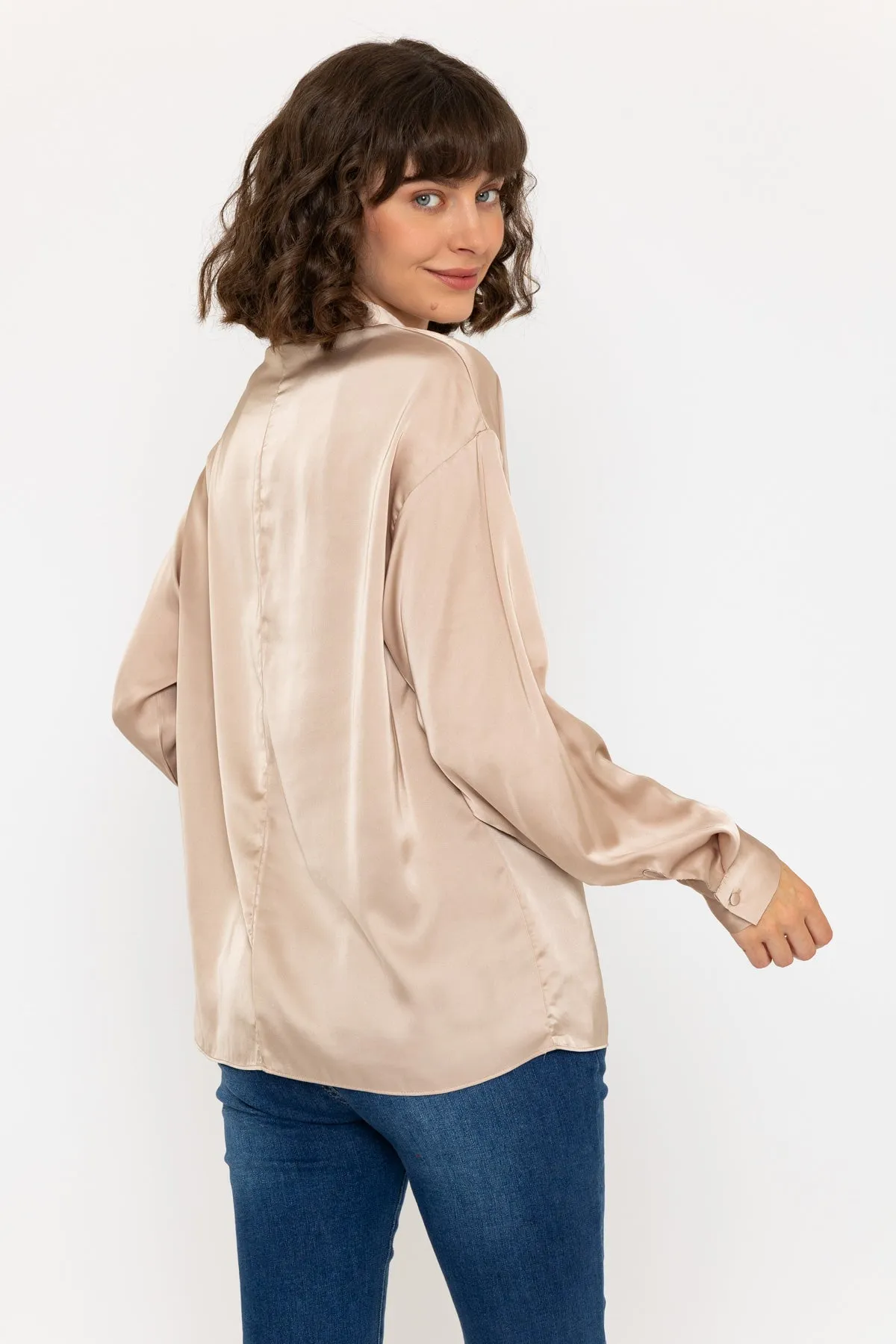 Long Sleeve Satin Oversized Blouse in Beige