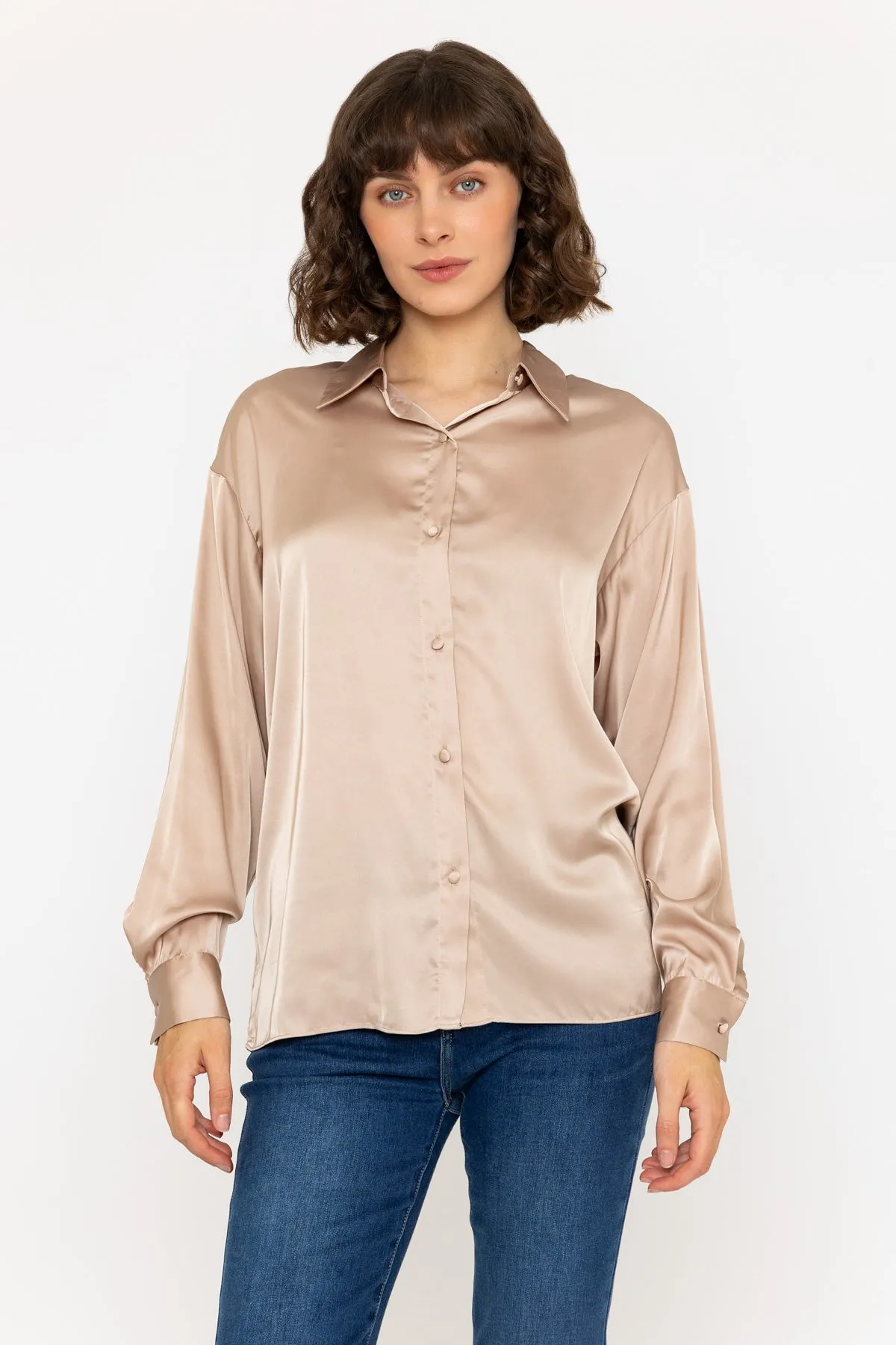 Long Sleeve Satin Oversized Blouse in Beige