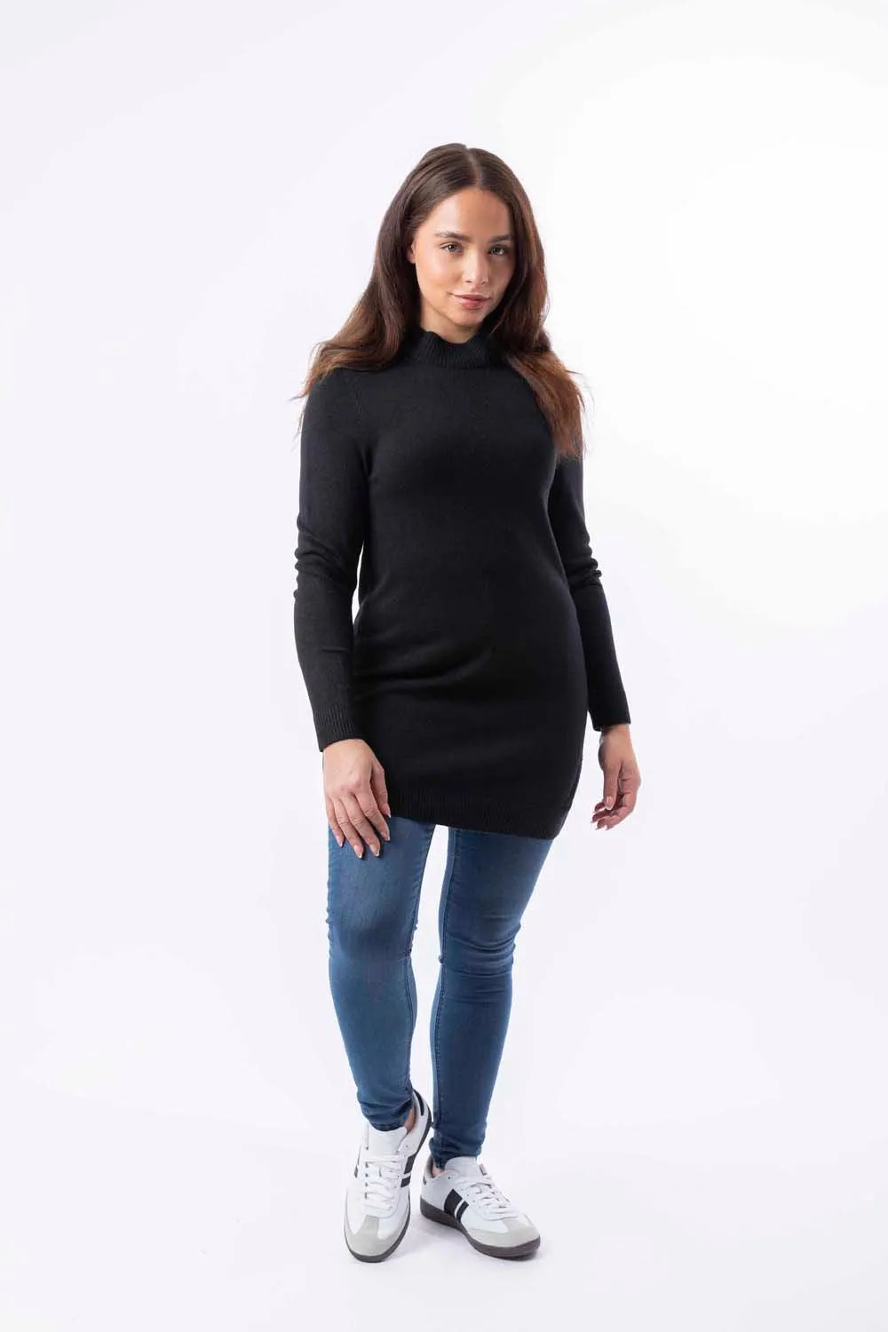 Mock Neck Boat Hem Knitted Longline Jumper