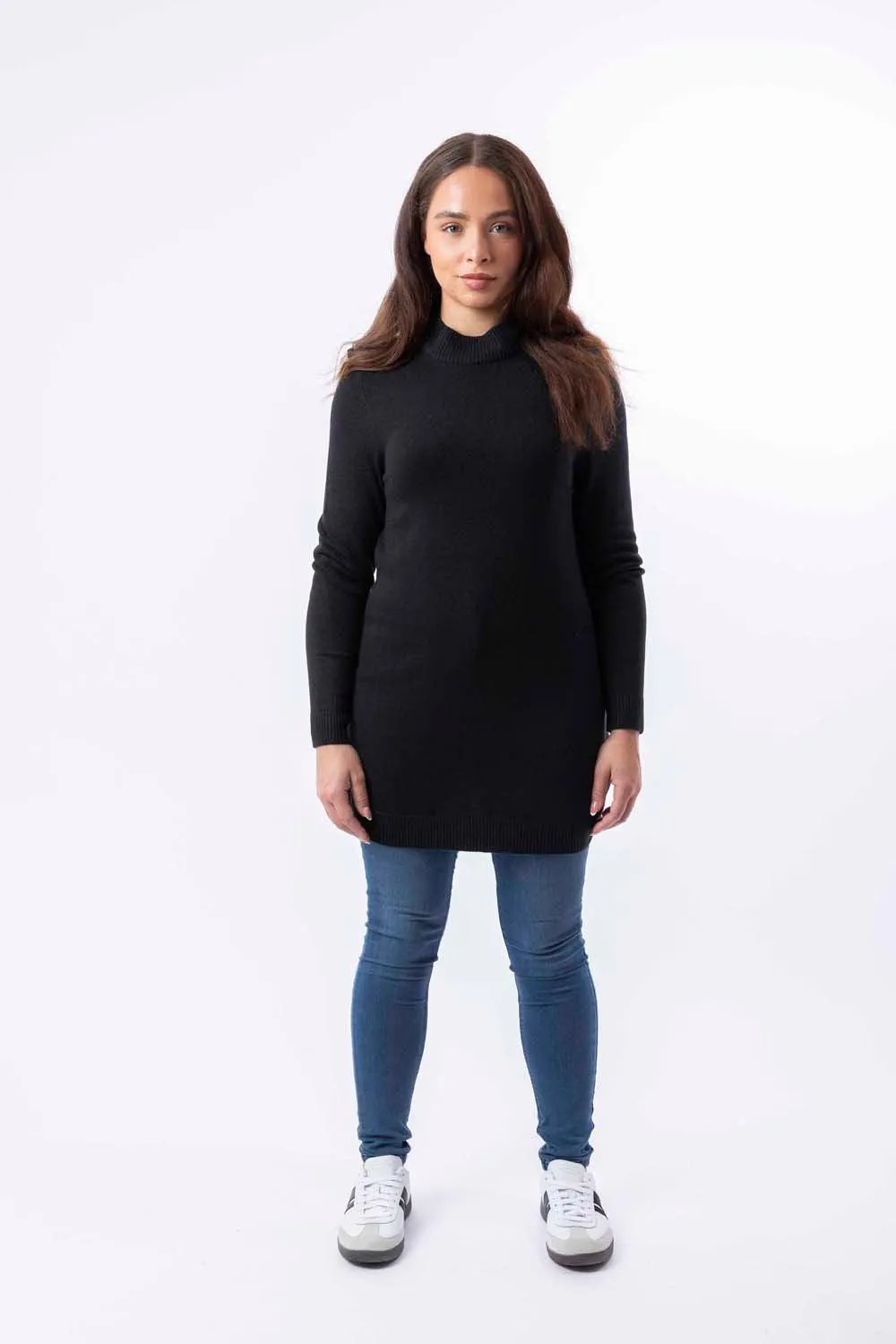 Mock Neck Boat Hem Knitted Longline Jumper