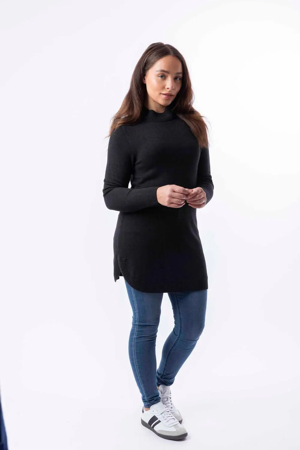 Mock Neck Boat Hem Knitted Longline Jumper