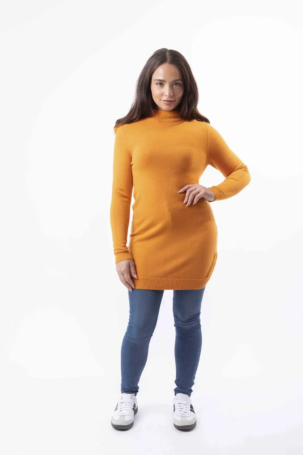 Mock Neck Boat Hem Knitted Longline Jumper