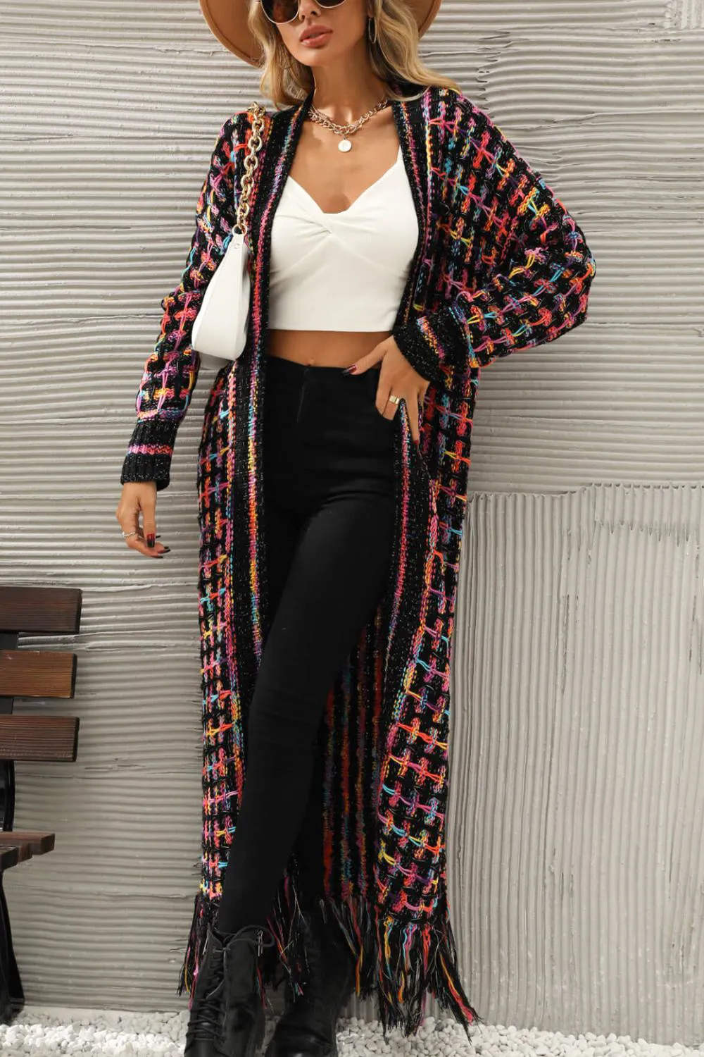 Multicolored Open Front Fringe Hem Cardigan