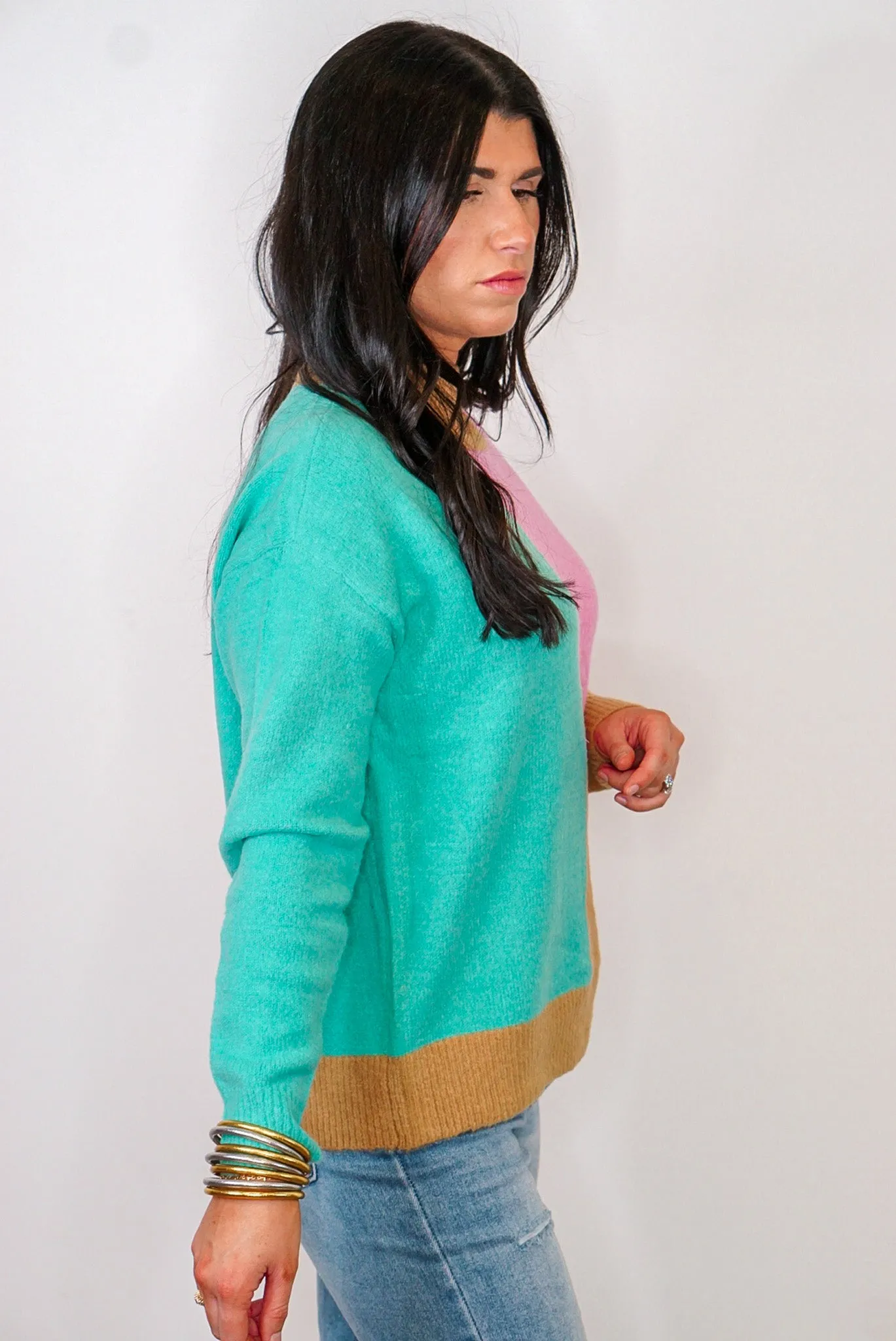 Pink And Teal Colorblock Sweater