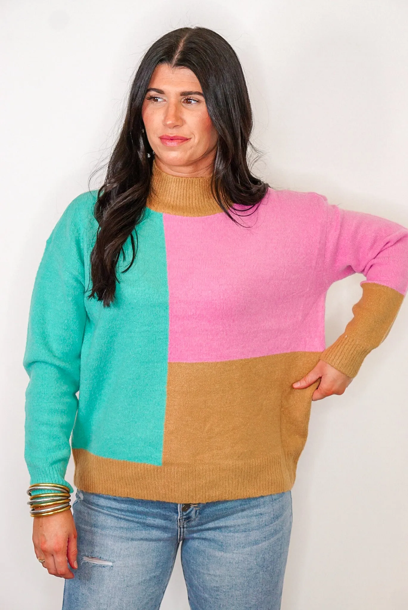 Pink And Teal Colorblock Sweater