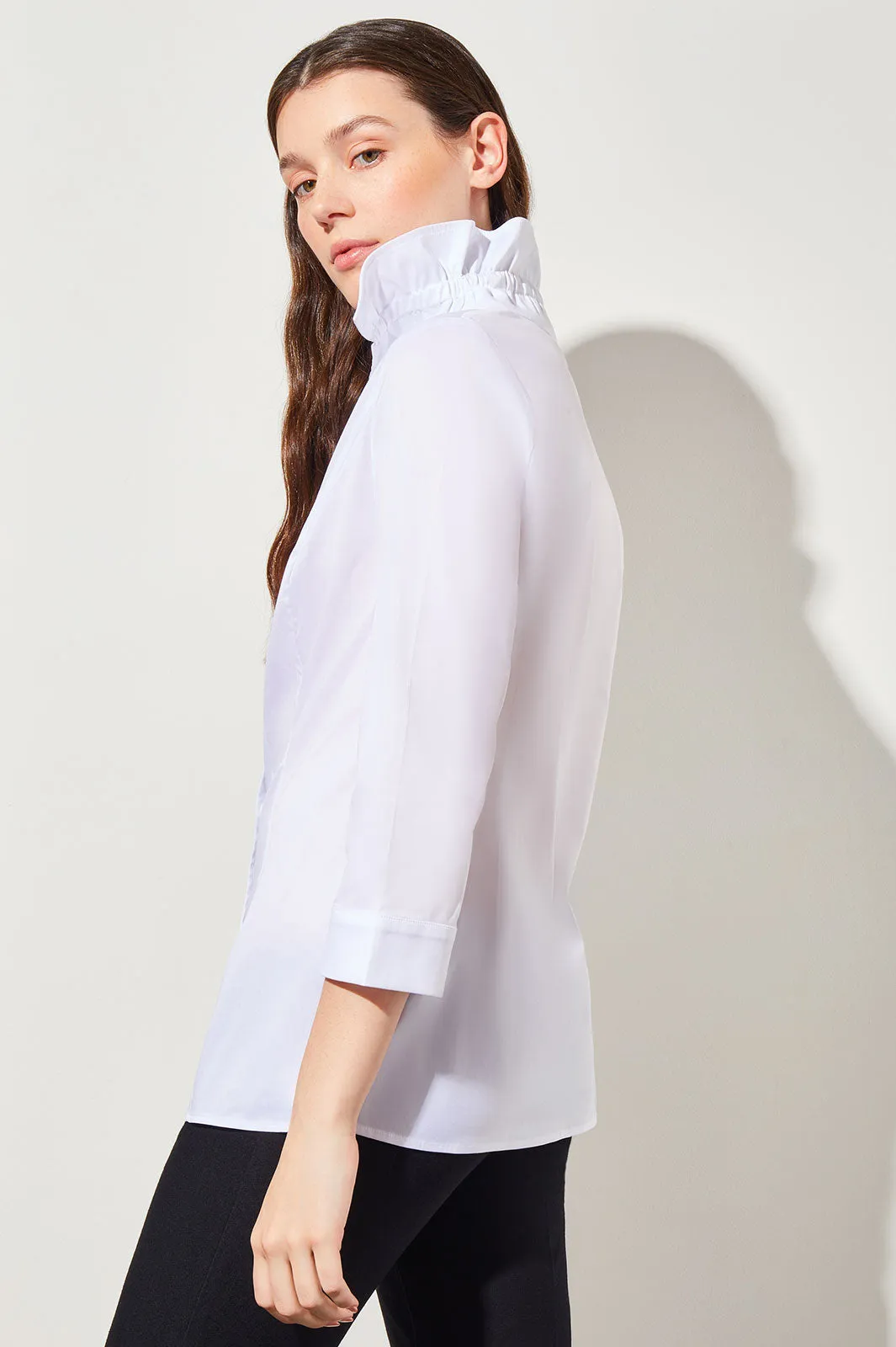 Plus Size Ruffle Neck Button-Front Cotton Poplin Blouse