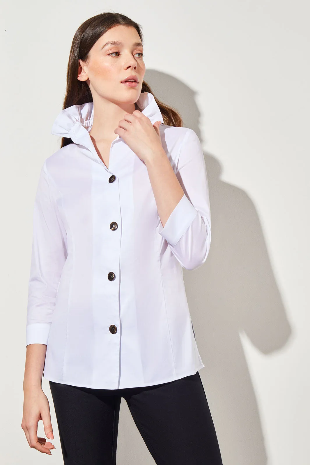 Plus Size Ruffle Neck Button-Front Cotton Poplin Blouse