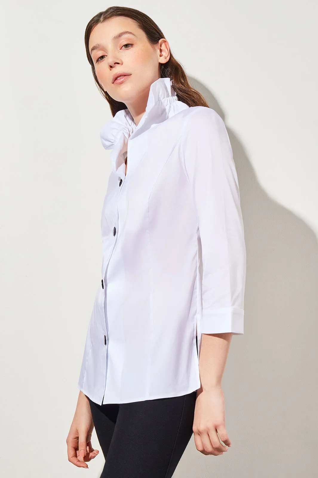 Plus Size Ruffle Neck Button-Front Cotton Poplin Blouse