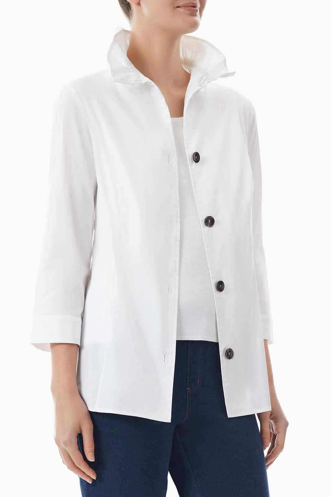 Ruffle Neck Button-Front Stretch Cotton Blouse