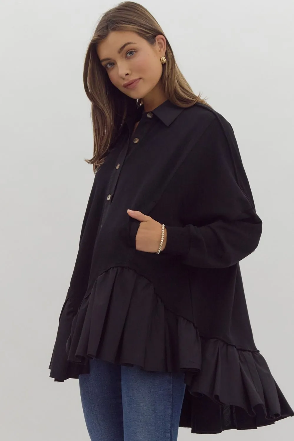 Ruffled Hem Button Up Jacket