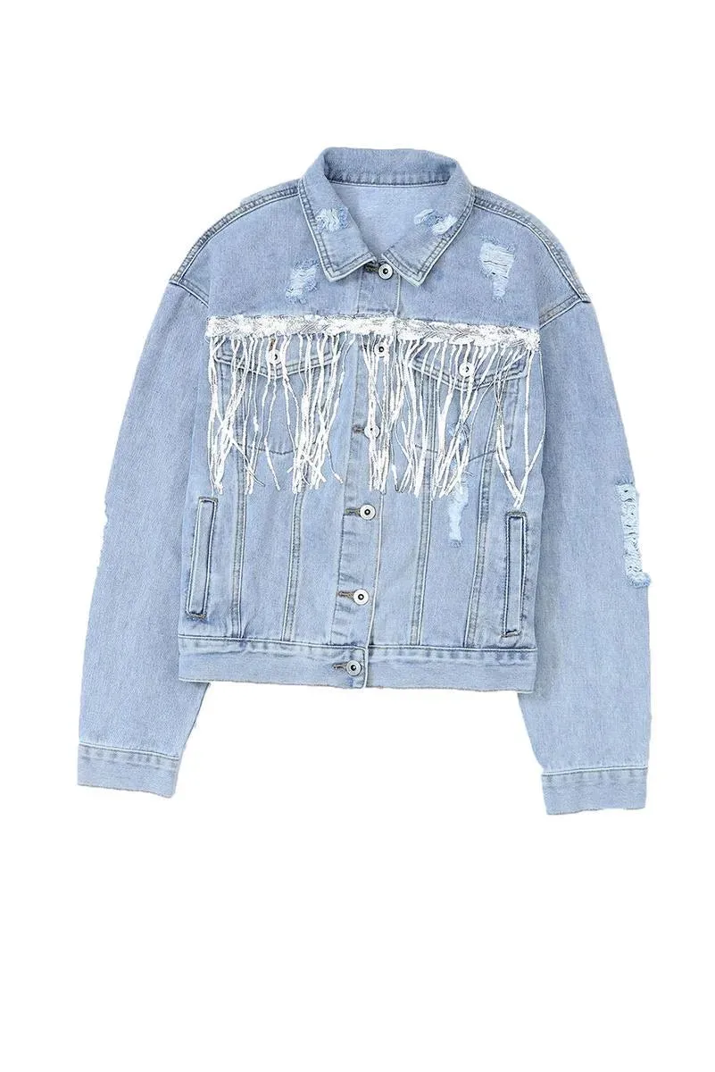 Sequin Embellished Fringe Distressed Denim Jacket