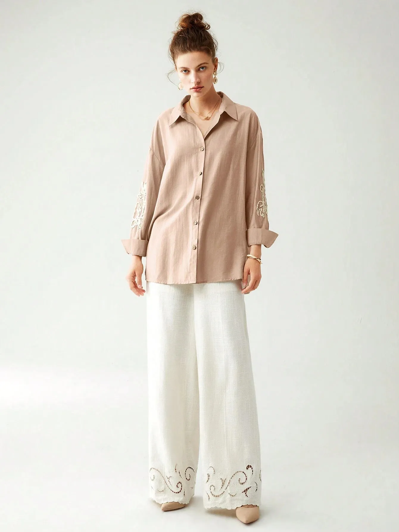 SHEIN Anewsta Cotton Linen Texture Vacation Rose Hand Cranked Shirts