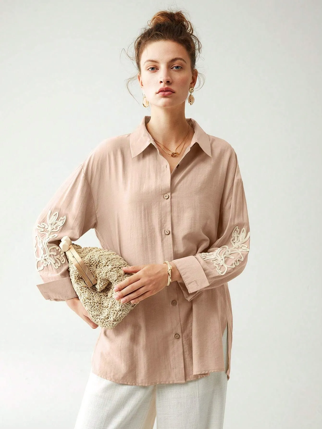 SHEIN Anewsta Cotton Linen Texture Vacation Rose Hand Cranked Shirts