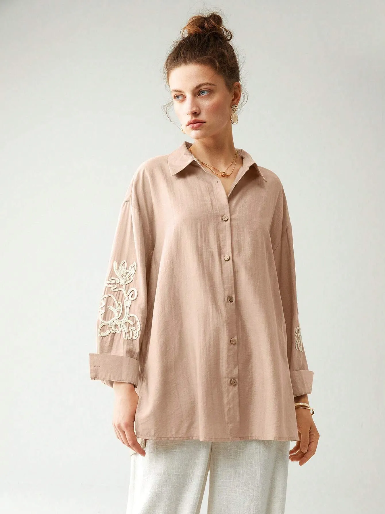 SHEIN Anewsta Cotton Linen Texture Vacation Rose Hand Cranked Shirts