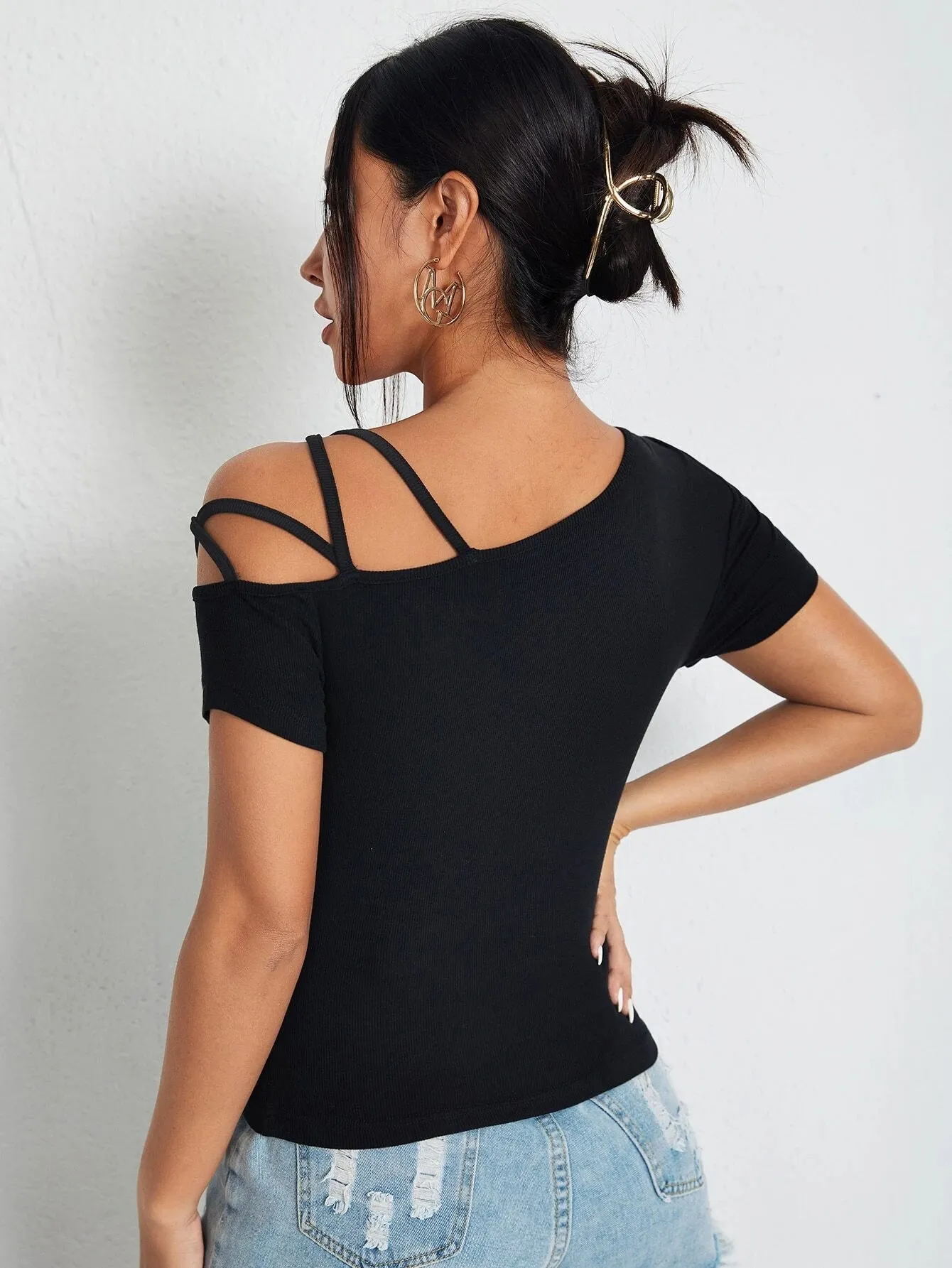 SHEIN BAE Solid Asymmetrical Neck Tee